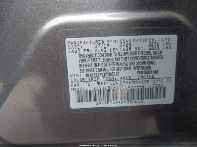 3N1AB7APXKY386618 Nissan SENTRA S