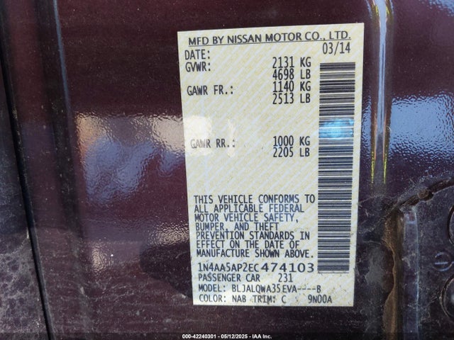 1N4AA5AP2EC474103 Nissan Maxima 3.5 S