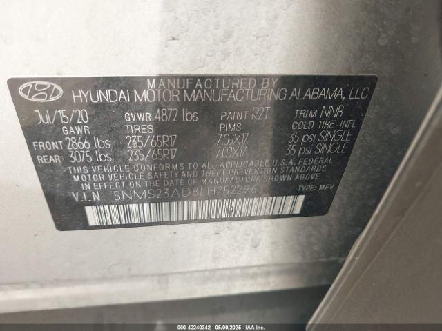 5NMS23AD8LH252296 Hyundai Santa Fe Se