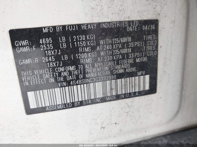 4S4BSBNC3G3332990 Subaru Outback 2.5i Limited