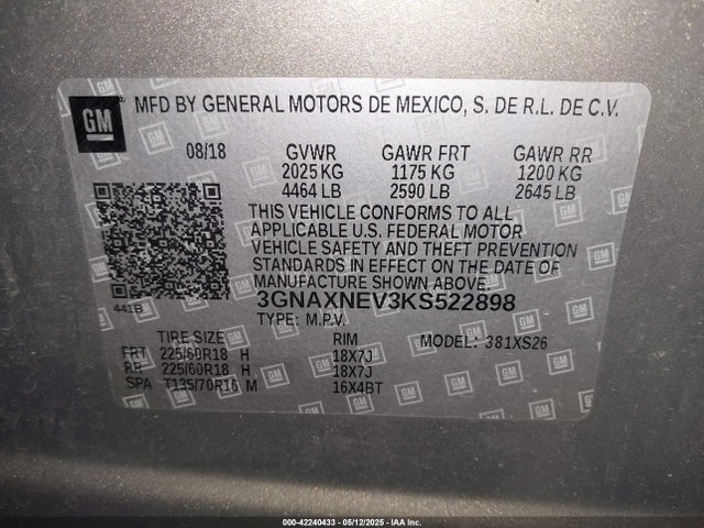 3GNAXNEV3KS522898 Chevrolet Equinox Premier