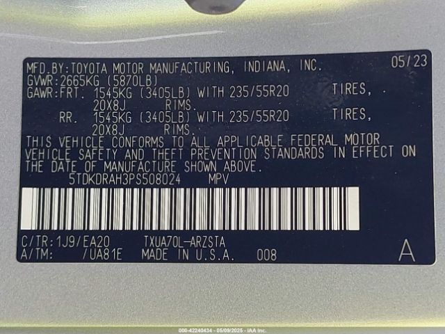 5TDKDRAH3PS508024 Toyota Highlander Xse