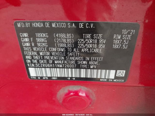 3CZRU6H11NM726007 Honda Hr-v Awd Sport
