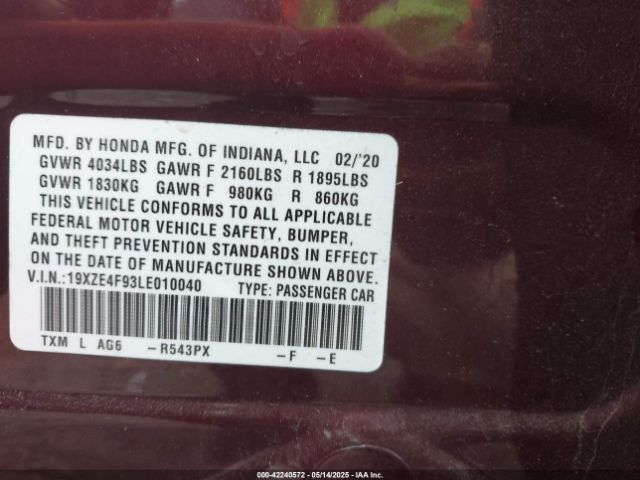 19XZE4F93LE010040 Honda Insight Touring