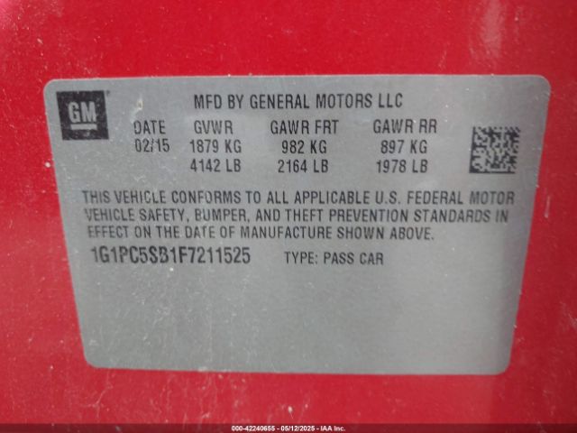 1G1PC5SB1F7211525 Chevrolet Cruze 1lt Auto