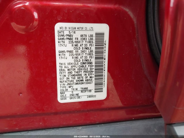 JN8AT2MVXGW133437 Nissan ROGUE SV