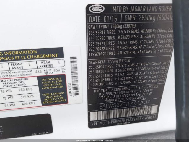 2015 LAND ROVER RANGE ROVER SPORT SALWG2VF1FA612637 Photo 8