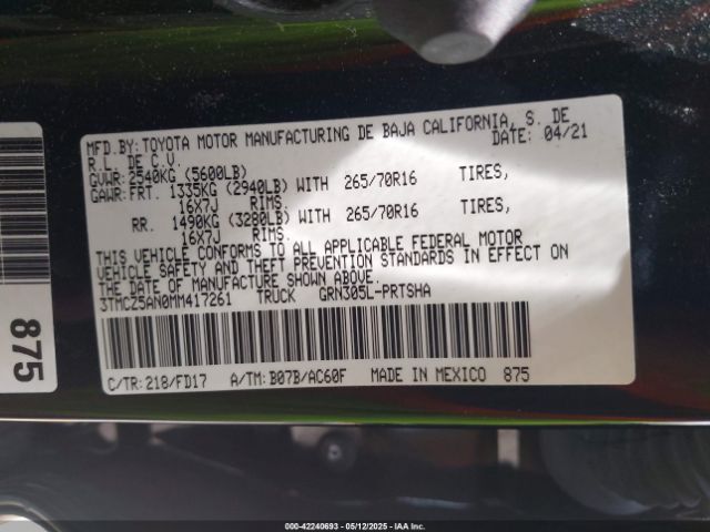 3TMCZ5AN0MM417261 Toyota Tacoma 4wd Trd Off Road