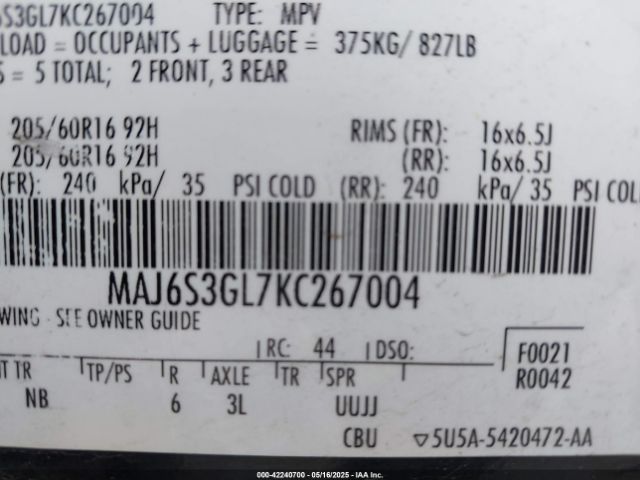 MAJ6S3GL7KC267004 Ford Ecosport Se