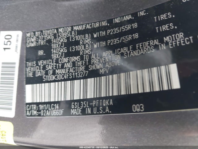 5TDDK3DC4FS113277 Toyota Sienna Xle Premium 7 Passenger