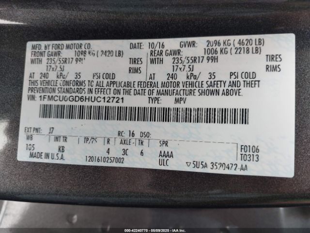 1FMCU0GD6HUC12721 Ford ESCAPE SE