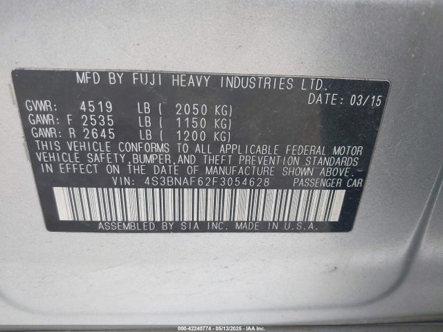 Subaru 2.5l u5 2015 4S3BNAF62F3054628 Image 9