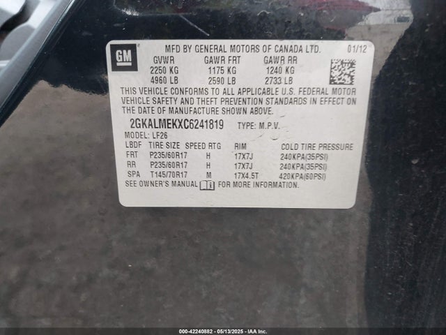 Aukcja sprzedaży 2012 Gmc Terrain Sle-1, vin: 2GKALMEKXC6241819, numer aukcji: 42240882