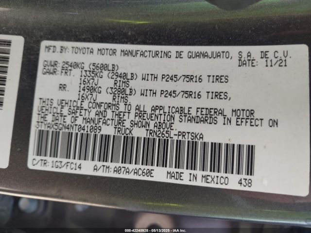 3TYAX5GN4NT041089 Toyota Tacoma Sr5