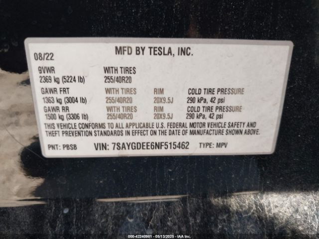 2022 TESLA MODEL Y 7SAYGDEE6NF515462 Photo 8