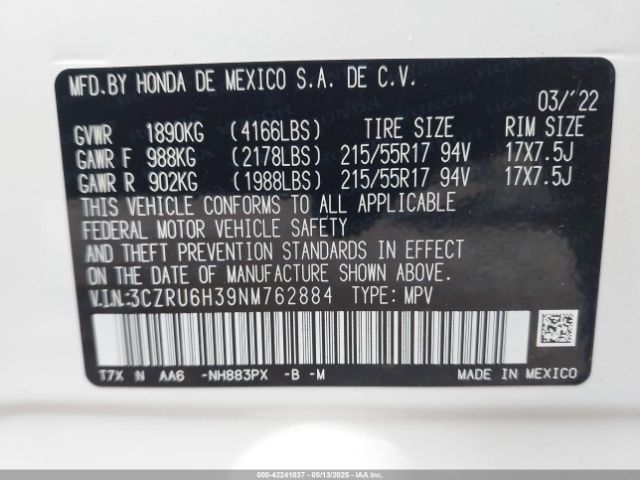 3CZRU6H39NM762884 Honda Hr-v Awd Lx