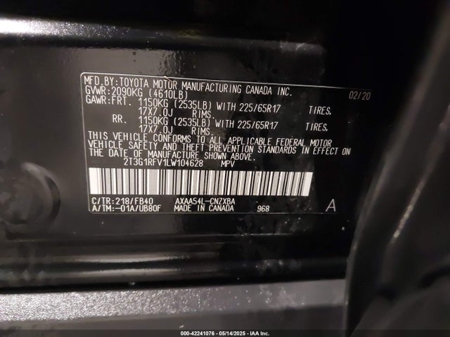 2T3G1RFV1LW104628 Toyota RAV4 LE