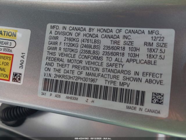 2HKRS3H72PH301967 Honda Cr-v Ex-l 2wd