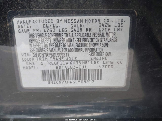 3N1CN7AP6GL909217 Nissan Versa 1.6 Sv