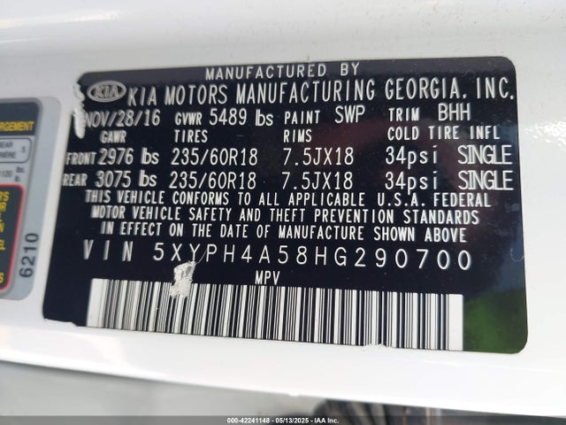 5XYPH4A58HG290700 KIA 2017