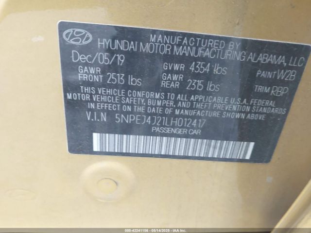 5NPEJ4J21LH012417 Hyundai Sonata Sel Plus