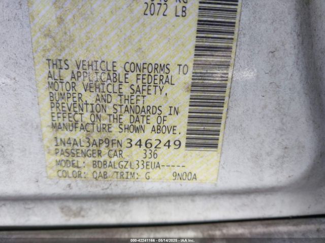 1N4AL3AP9FN346249 Nissan Altima 2.5/2.5 S/2.5 Sl/2.5 Sv