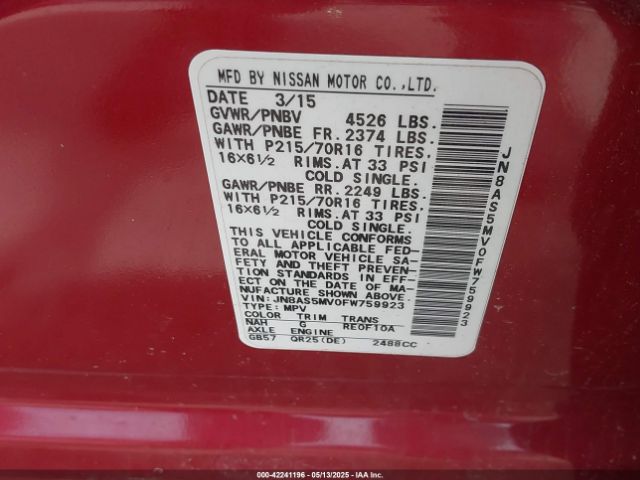 JN8AS5MV0FW759923 Nissan Rogue Select S