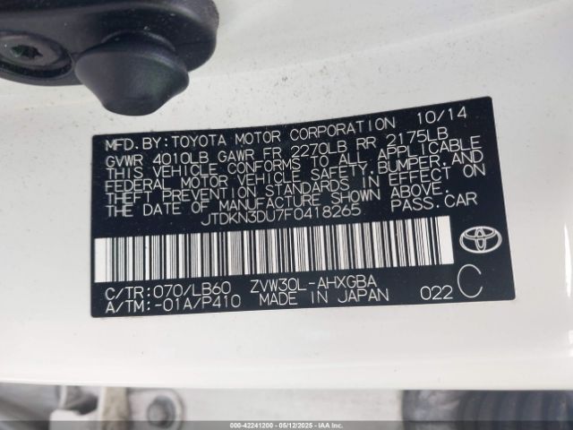 JTDKN3DU7F0418265 Toyota Prius Four