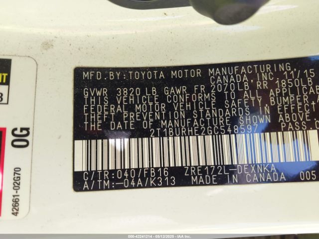 2T1BURHE2GC548597 Toyota COROLLA LE