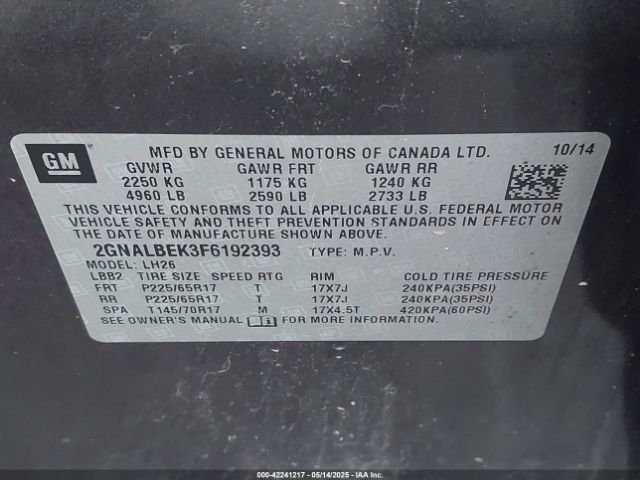 2GNALBEK3F6192393 Chevrolet EQUINOX 1LT