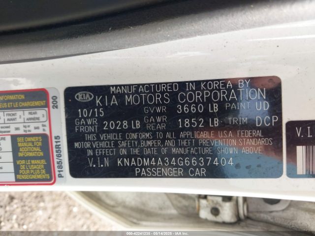 KNADM4A34G6637404 KIA RIO LX