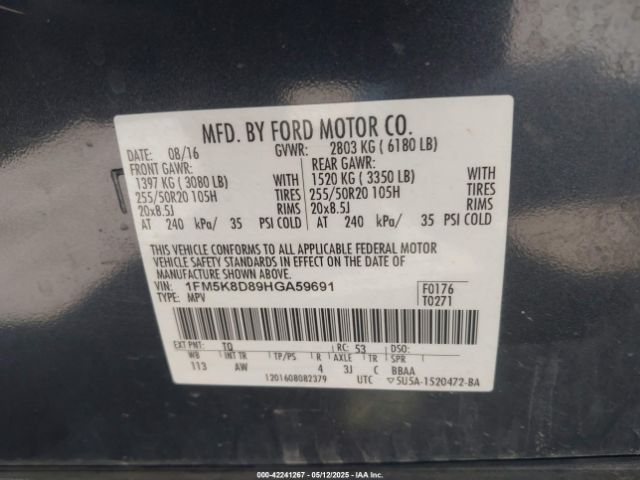 2017 FORD EXPLORER 1FM5K8D89HGA59691 Photo 8