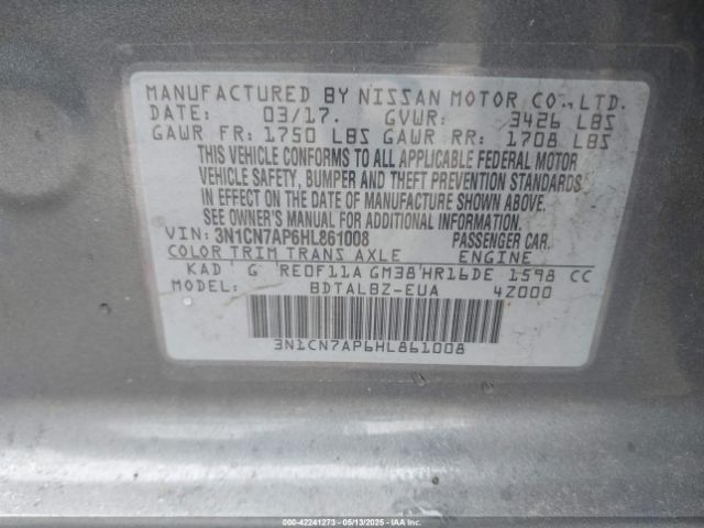 3N1CN7AP6HL861008 Nissan Versa 1.6 Sv