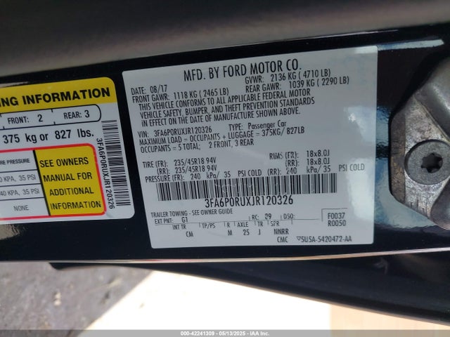 3FA6P0RUXJR120326 Ford 2.0l 4v atk hev