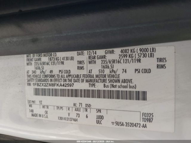 1FBZX2ZM8FKA42597 Ford Transit-350 Xlt