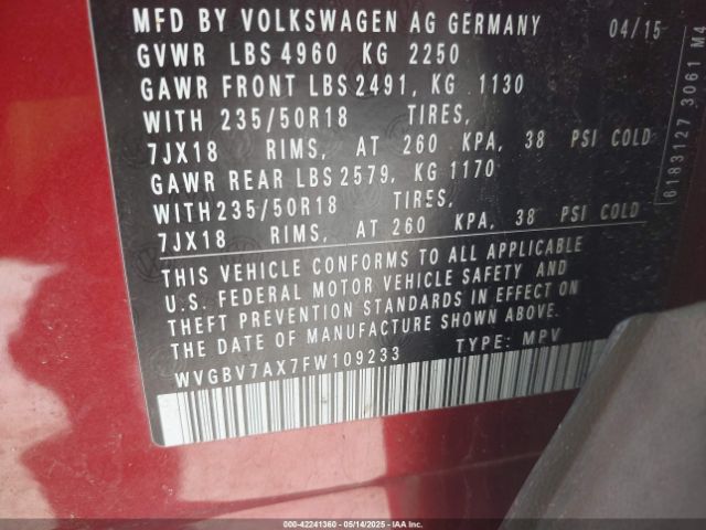 WVGBV7AX7FW109233 Volkswagen Tiguan Sel