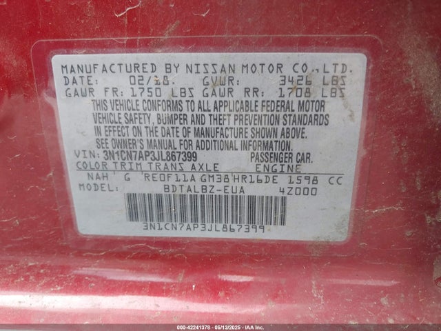 3N1CN7AP3JL867399 Nissan Versa 1.6 Sv