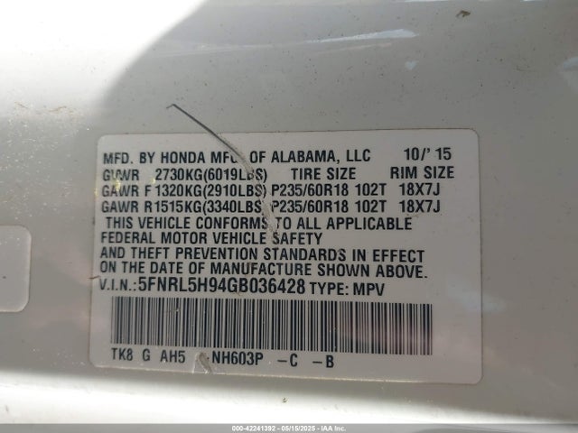 5FNRL5H94GB036428 Honda Odyssey Touring/touring Elite
