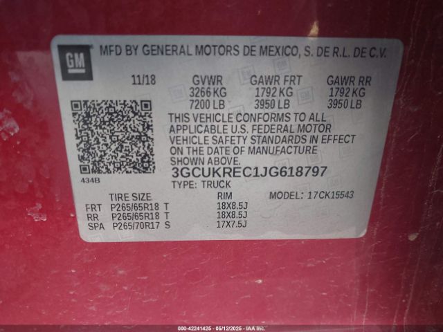 3GCUKREC1JG618797 Chevrolet l83 - sidi: spark ignited direct injection, vvt: variable valve timing, afm, e85 max, alum