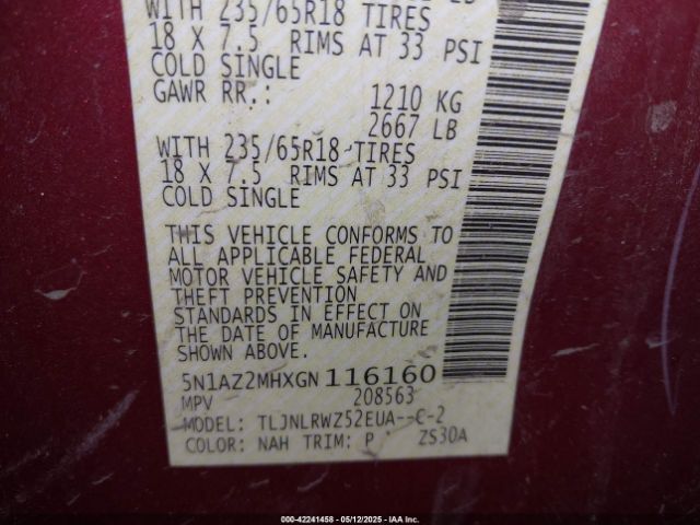 5N1AZ2MHXGN116160 Nissan MURANO SL