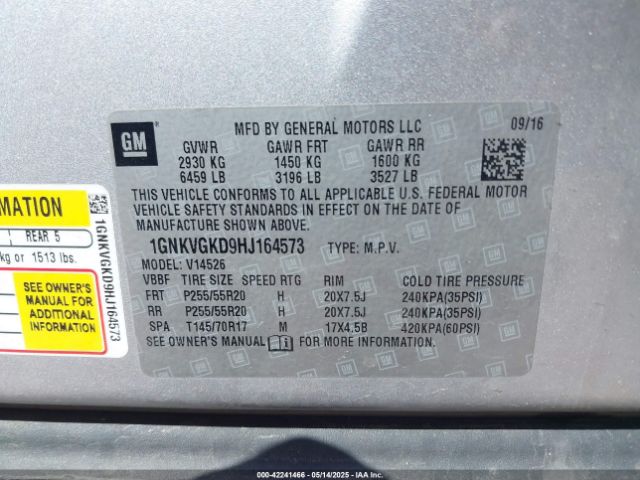 1GNKVGKD9HJ164573 Chevrolet llt - sidi: spark ignited direct injection, alum, 60 degrees