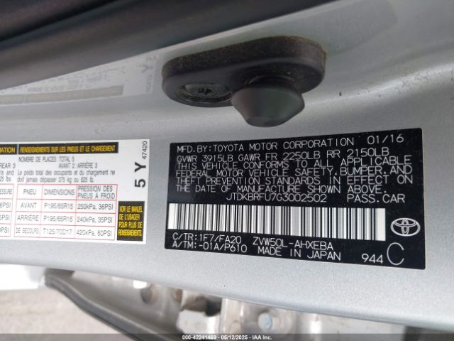 JTDKBRFU7G3002502 Toyota Prius Two