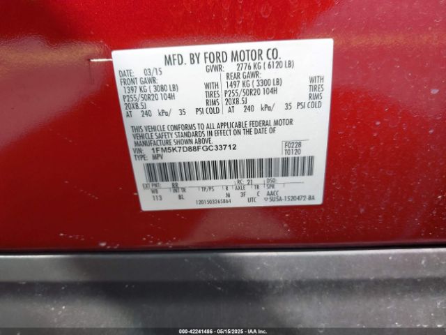 1FM5K7D88FGC33712 Ford EXPLORER XLT
