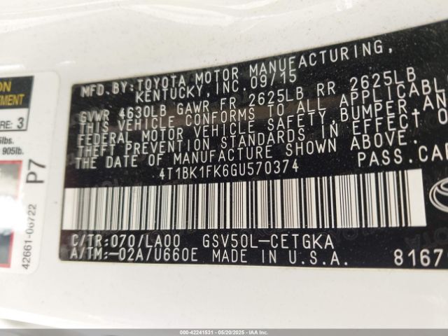 4T1BK1FK6GU570374 Toyota Camry Xle V6