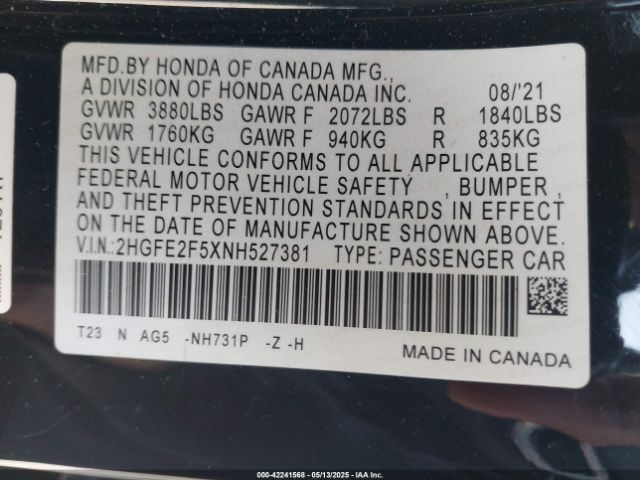 2022 HONDA CIVIC 2HGFE2F5XNH527381 Photo 8