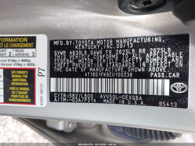 4T1BD1FK6EU100238 Toyota Camry Hybrid Xle