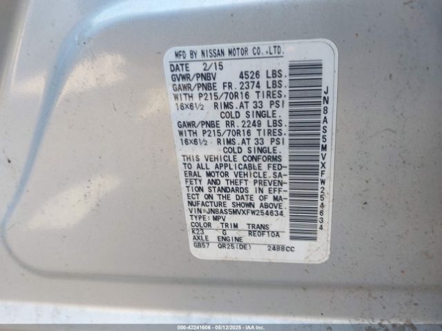 JN8AS5MVXFW254634 Nissan Rogue Select S