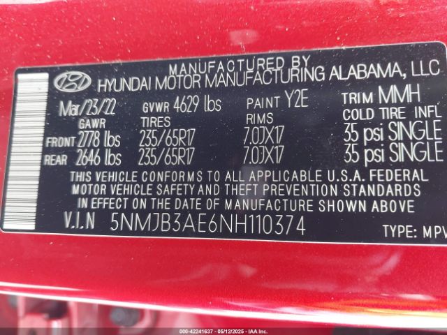 5NMJB3AE6NH110374 Hyundai TUCSON SEL