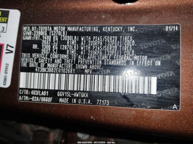 4T3BK3BB2EU102681 Toyota 2gr-fe