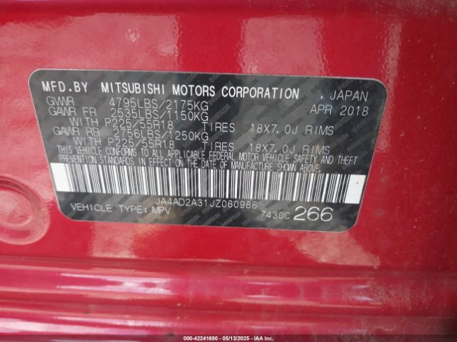 2018 MITSUBISHI OUTLANDER JA4AD2A31JZ060986 Photo 8